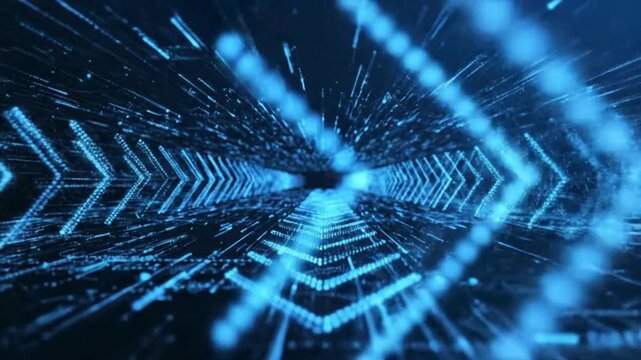 Abstract blue digital tunnel with glowing arrows and data streams creating a futuristic technology background.