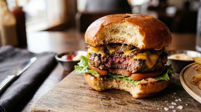 Close-up of a juicy bitten cheeseburger on a rustic wooden board