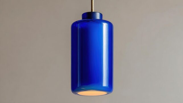 The image is of a blue pendant light hanging from a string. the light is made of glass and has a cylindrical shape with a flat base.