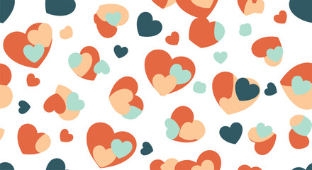 Fototapeta premium Colorful heart pattern background with various sizes of red blue and peach hearts on a clean white backdrop.