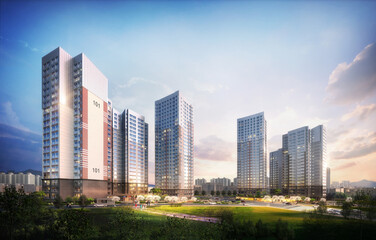 Obraz premium 현대적인 도시 아파트 단지 외관 및 조감도, Modern city apartment residential district 3D rendering