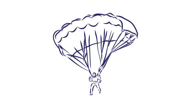 A minimalist line art illustration of a person parachuting safely to the ground