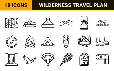 Fototapeta premium Outdoor Adventure and Wilderness Exploration Minimalist Monoline Icon Set Featuring Geometric Line Art for Commercial Web and App Design.
