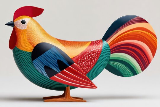 Colorful tin rooster toy with stylized folk art design and bright striped tail for home decor