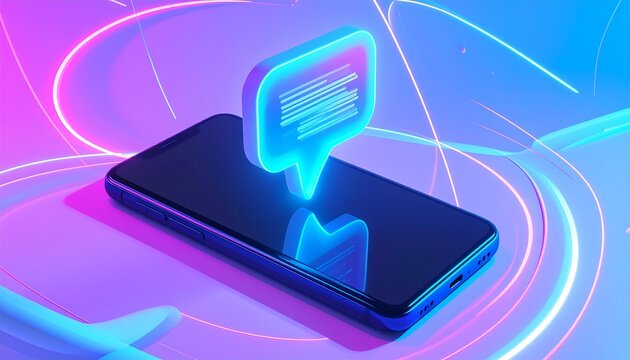 Smartphone glowing with digital chat bubble, neon abstract background swirling, vibrant blue and purple hues, modern communication concept, futuristic connectivity, mobile technology illustration high