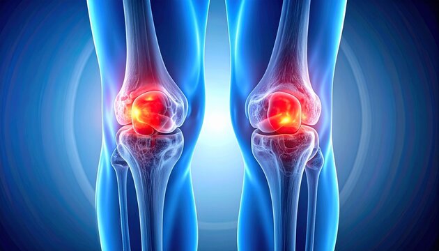 Front view of human knees, skeletal structure glowing blue, patella highlighted in red, medical illustration showing joint inflammation, pain visualization, musculoskeletal anatomy, clinical diagnosti