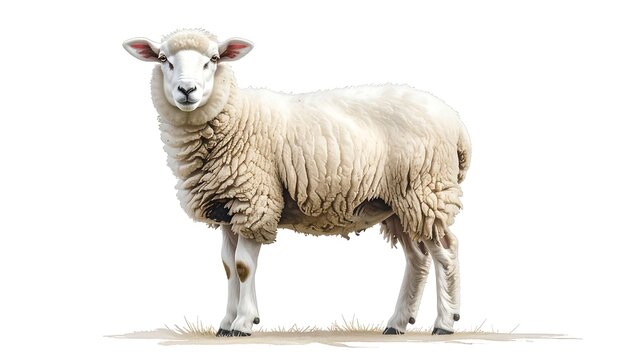 A fluffy, white sheep stands proudly against a clean white backdrop, showcasing its woolly coat and attentive gaze