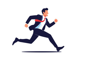 Fototapeta premium Energetic businessman in a suit running fast toward a goal against a clean white background depicting success.