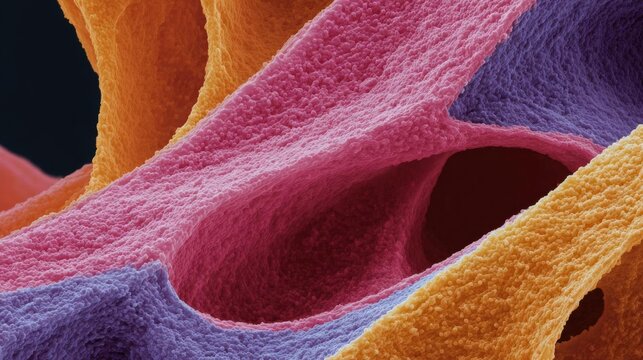 Close-up of a microscopic view of a tissue sample. the tissue appears to be made up of multiple layers, with the top layer being pink, the middle layer being orange, and the bottom layer being purple.