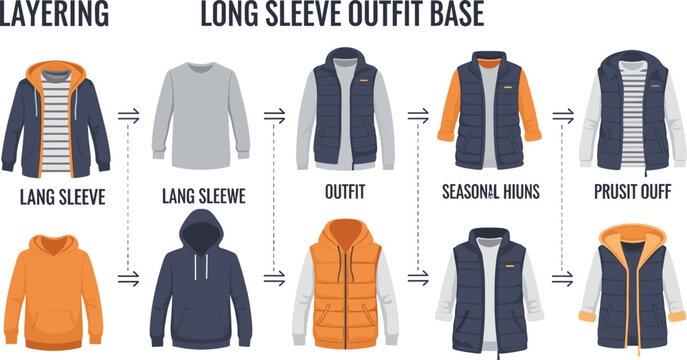 Layering Outfit Guide Illustration with Long Sleeve Base, Hoodies, Vests and Seasonal Clothing Combinations for Fashion Styling, Winter Wear and Apparel Design