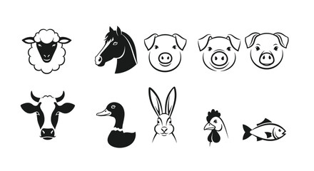 Obraz premium set of black and white farm animal head silhouettes and outlines including sheep horse pig cow duck rabbit chicken and fish.