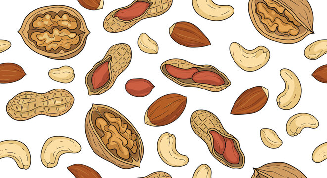 seamless pattern featuring various nuts such as walnuts peanuts cashews and almonds in a colorful and detailed illustration style.