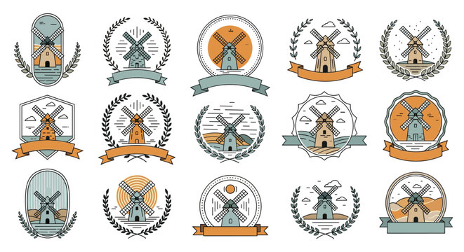 Traditional windmill logo set features vintage building designs with laurel wreaths and ribbons for flour and bakery company branding.