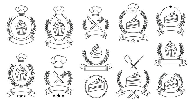 Professional bakery and pastry chef logos feature cupcakes and cake slices adorned with cherries and framed by wreaths for identities.