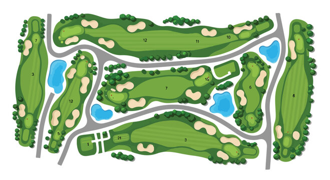 Golf course map vector illustration with green fairways and sand bunkers. Aerial top view of professional golf club layout with water hazards and cart paths.