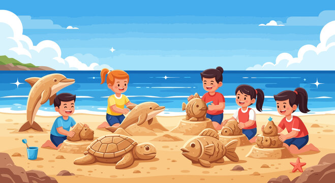 Children happily building sandcastles and playing with sand sculptures on a sunny beach with the ocean in the background.