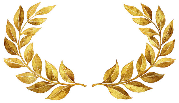 Golden watercolor image of a laurel wreath, symbol of victory, set against a transparent background