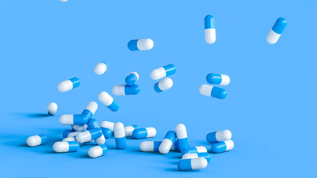 3d capsule pills falling medicine healthcare concept