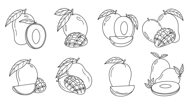 Detailed line art collection of mango fruit showing whole pieces, halved sections, and diced cubes with leaves for coloring books.