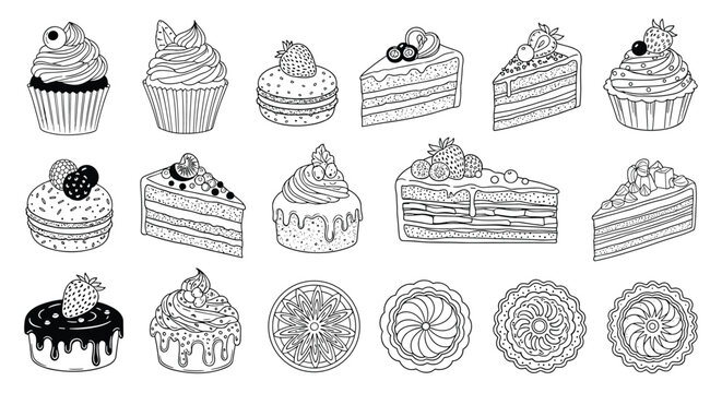 Large set of various dessert illustrations including cupcakes, macarons, cake slices, and tarts with fruit toppings in line art.