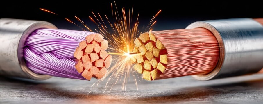 Close-up of two stranded copper cables sparking as an electrical arc creates bright industrial sparks