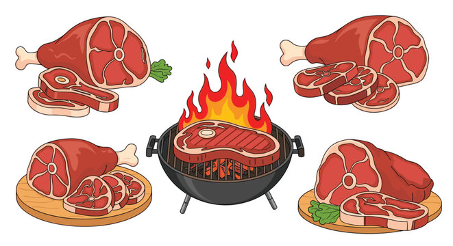 Assorted raw meat cuts and a t-bone steak grilling over an open charcoal fire for barbecue party concepts and restaurant menu graphics.