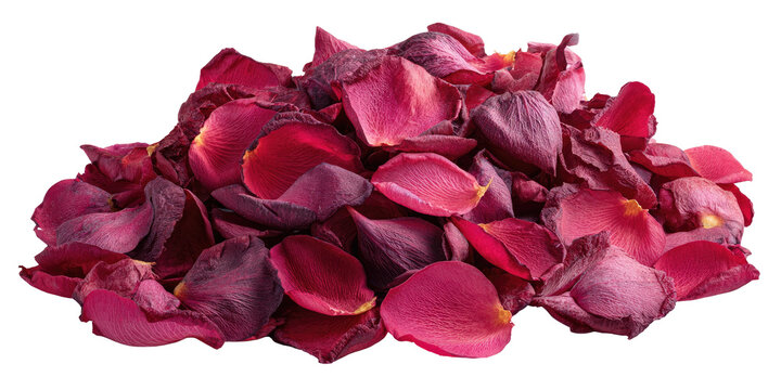 A close-up view of a pile of scattered, richly colored, dark red and pink rose petals