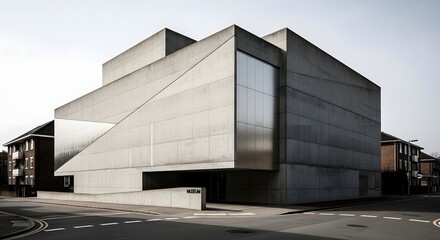 Obraz premium Brutalist Concrete Museum Building on Urban Street Corner with Modern Geometric Architecture