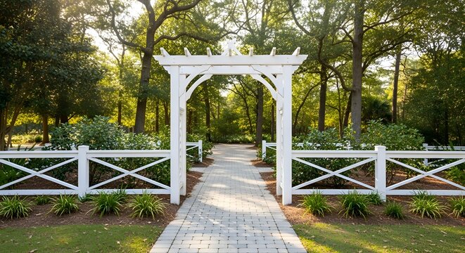 White wooden arbor entrance to paved walkway in garden white arbor wooden fence