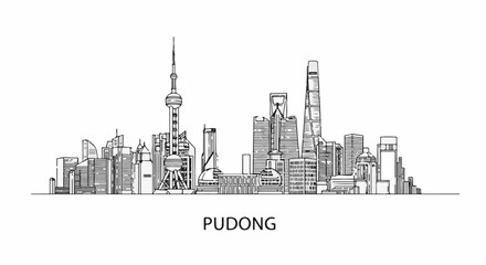 Obraz premium A black and white line drawing of a sprawling city skyline with tall skyscrapers