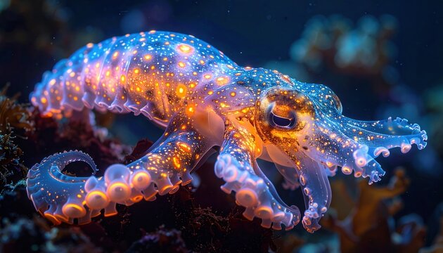A bioluminescent cuttlefish displays vibrant patterns underwater, lit by vibrant oranges