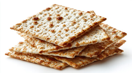 Fototapeta premium Stack of traditional jewish matzah crackers for passover celebration, thin unleavened bread with crispy texture on white background 