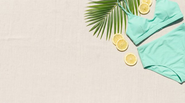 Mint green two-piece swimsuit with palm leaf and lemon slices on a light textured background, evoking a summer beach vacation.