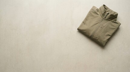 Fototapeta premium A neatly folded khaki-colored jacket resting on a light beige surface, viewed from an overhead perspective.
