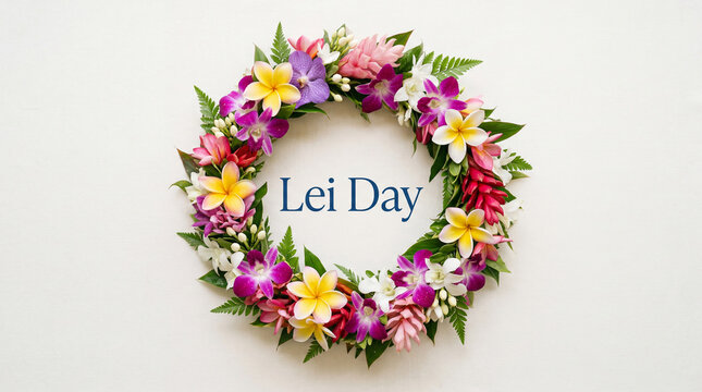Vibrant Hawaiian Lei Day celebration blooms in a stunning floral wreath, honoring the spirit of aloha with exotic tropical beauty