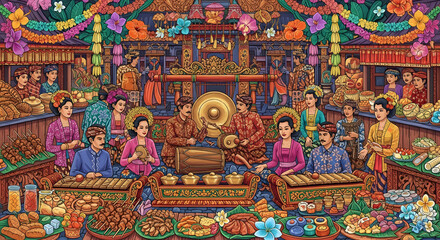 Fototapeta premium Vibrant Indonesian Cultural Festival Scene with Traditional Music and Food Stalls