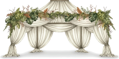 Elegant wedding tent with tropical floral greenery, luxury event marquee with white fabric drapery, botanical garden party pavilion vector © Allah k hwaly