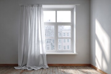 Fototapeta premium Light streams through a window with white curtains onto a wooden floor.