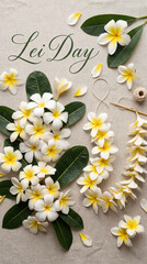 Obraz premium Fragrant plumeria petals and verdant leaves create a stunning display, signaling the cherished observance of Hawaii's Lei Day