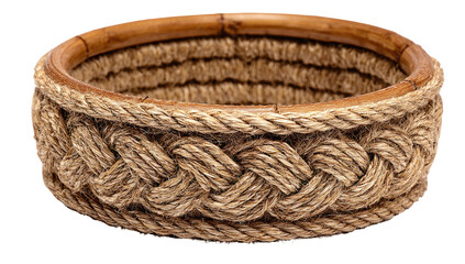 Obraz premium Close-up of a handwoven natural fiber basket featuring a braided design and wooden rim