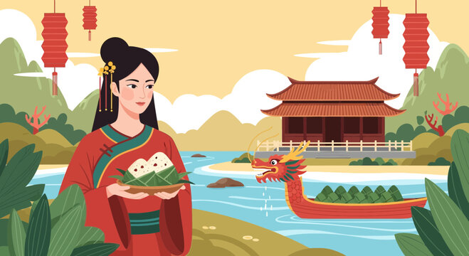 Traditional woman in costume holding zongzi with dragon boat and temple scene
