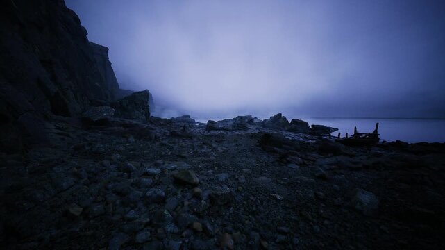 Predawn rocky coastline with cool light, coastal geologist mapping exposed strata, hammer marks on shale, damp pebble fields, methodical survey under soft