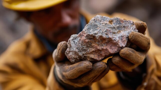 Close-up of a person's hands holding a large rock. the person is wearing a yellow hard hat and a yellow jacket, and their hands are covered in brown gloves.