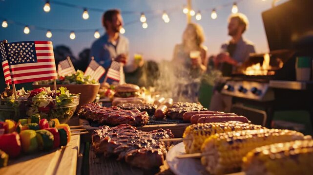 A festive outdoor barbecue with grilled meats, corn on the cob, and a salad, decorated with American flags and string lights.