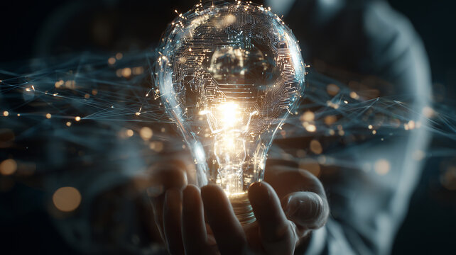 Creative innovation scene, a person holding a bright light bulb with a digital circuit pattern inside.