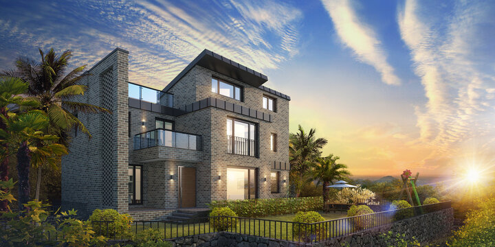 Luxury modern brick house exterior with garden at sunset, 3D architectural rendering
(노을 질 무렵의 정원이 있는 고급 현대식 벽돌 주택 외관, 3D 건축 렌더링)