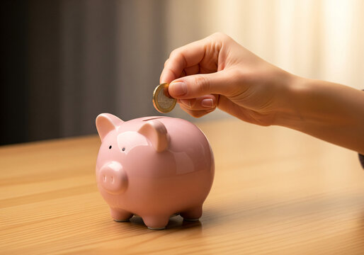 A hand dropping a coin into a pink piggy bank for savings