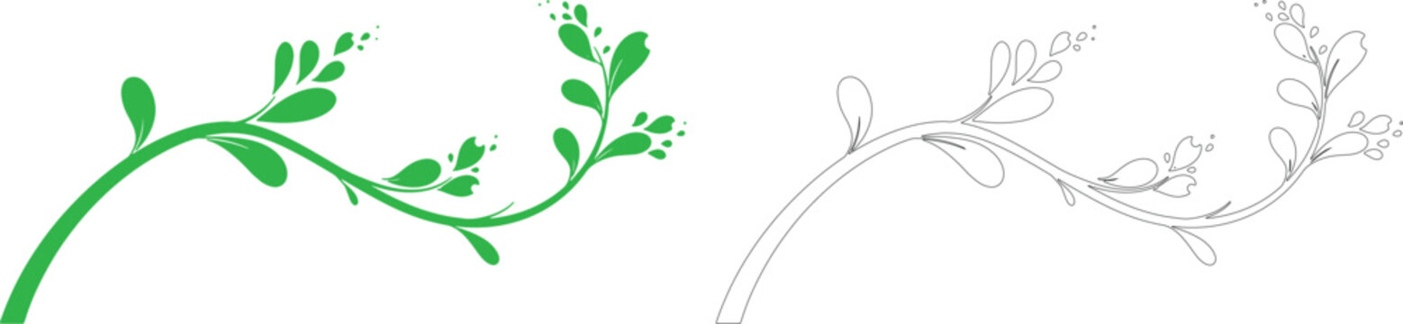 Green curved vine with abstract leaves and dots plant