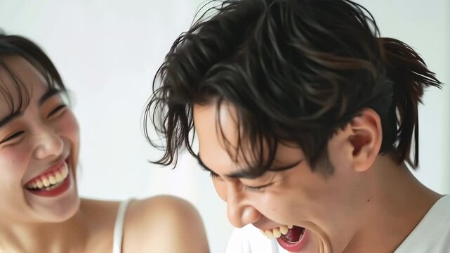 Joyful Moments of a Couple: A smiling woman and a laughing man share an intimate and joyful moment, their faces illuminated with pure happiness and genuine connection. 