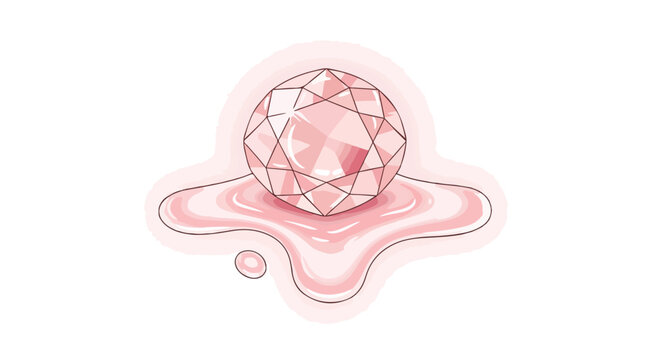Sparkling pink diamond gemstone vector illustration, brilliant cut rose crystal jewel sitting in liquid puddle, luxury jewelry design element for fashion